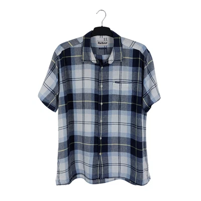 Barbour Men's Size XL Blue White Check 55% Linen 45% Lyocell Short Sleeve Shirt - Image 1 of 4
