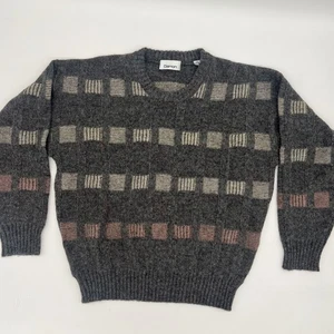 Vintage Damon 100% Wool Sweater XL Gray Geometric Pattern Made in Hong Kong - Picture 1 of 10