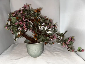 Vintage große chinesische 1950 Jade Quarz Stein Glas Blume Bonsai Baum 17 x 13 Zoll - Bild 1 von 6