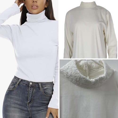 OFF WHITE T shirt a maniche lunghe Donna Toran nuova con etichette vintage bianco sporco all'uncinetto finto collo M