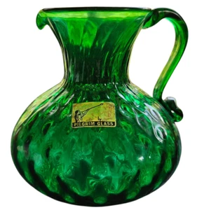 Vintage Pilgrim Dark Green Quilted Diamond Optic Glass Pitcher Original Sticker - Picture 1 of 9