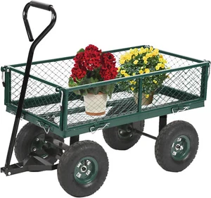 Outdoor Utility Wagon Heavy Duty Garden Cart Steel Mesh Frame Garden Wagon - Picture 1 of 7