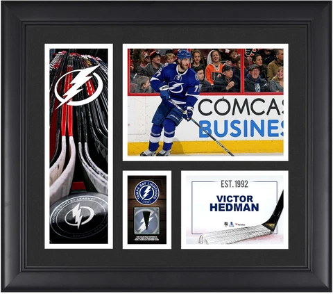 Victor Hedman TB Lightning Framed 15x17 Collage & Piece of G-U Puck Cover