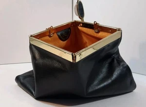 Vintage Etra Genuine Leather Black Evening Bag Gold Tone Chain Square Closure - Picture 1 of 12
