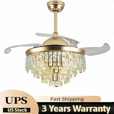 42" Crystal Ceiling Fan Chandelier 3 Color Led Light w/Remote Retractable Blades - Image 1 of 4