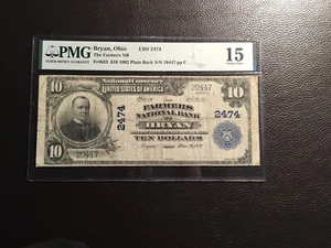 10.00 1902 National Bank Note Bryan Ohio PMG 15 Choice Fine - Picture 1 of 2