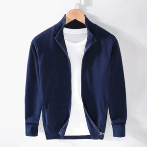 Men Slim Knitted Cardigans Stand Collar Casual Zip Up Open Jumper Tops Fit Soft - Picture 1 of 12