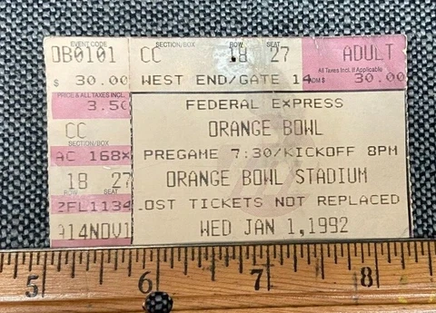 1992 JAN ORANGE BOWL TICKET STUB NEBRASKA CORNHUSKERS VS MIAMI HURRICANES 93022C Cover