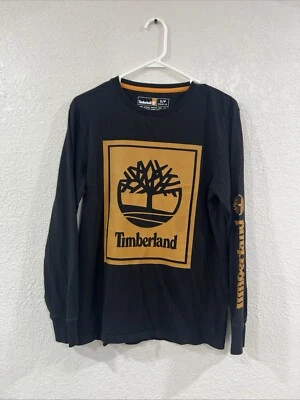Винтажная мужская футболка с длинным рукавом и логотипом Timberland размер Small черная/золотистая - Изображение 1 из 4