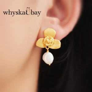 Whyskabay Flower Pearl Drop Gold Earring: 18K Gold, Baroque Pearl & Silver - Picture 1 of 9