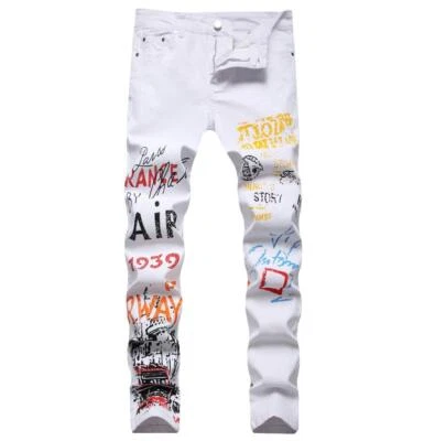 Mens Black Cotton Denim Straight Leg Printed Punk Hip Hop Pants Trousers Stretch - Image 1 of 4