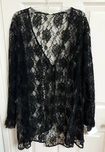 Shirley of Hollywood Black Lace Nightshirt Size 22/24 Sheer Kimono Negligee Wrap - Picture 1 of 8