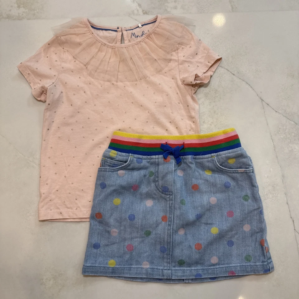 Mini Boden Girls Set 5-6Y Pink Tulle Top & Rainbow Dot Denim Skirt Outfit - Image 1 of 4