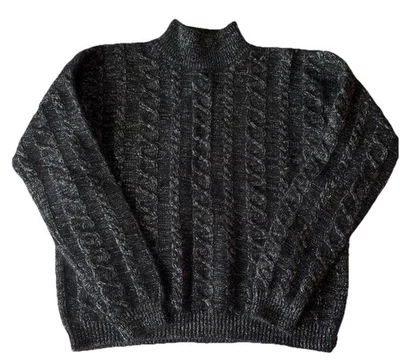 VTG Yarn Works Black Lambs Wool Silver Thread Angora Cable Knit Sweater - Image 1 of 4