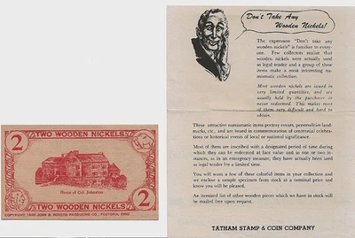 1938 Two wooden nickels John B. Rogers Wooden certificate - Image 1 of 2