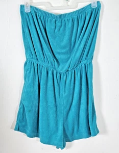 Tropical Escape Terry Cloth Romper Shorts Strapless Teal Retro Beach Cover Large - Picture 1 of 6