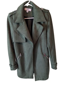 Magaschoni Faux Suede Moto Trench Coat Forest Green Long Open Jacket, Sz Medium - Picture 1 of 6