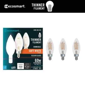 EcoSmart 60-Watt Equivalent B11 Dimmable E12 Candelabra Fine Bendy (3-Pack) - Picture 1 of 15