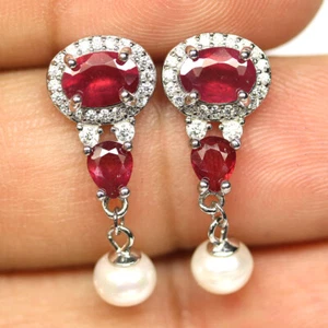 925 Sterling Silver Red Ruby, Pearl & Zircon Earrings White Gold Plated - Picture 1 of 4
