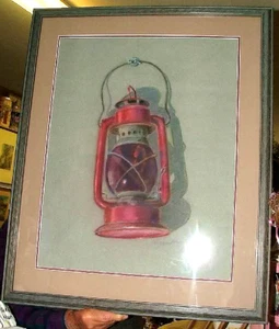 c1970 Pastel Artwork Red Railroad Lantern Signed Raymond Finelli Warwick RI - Picture 1 of 4