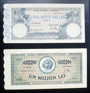 Romania 1946 1947 - 100,000 and 1 million Lei - aXF-UNC condition - 2 notes set - Picture 1 of 2