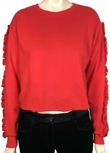 SOPRANO RED COTTON CROPPED SWEATSHIRT WITH RUFFLES ON SLEEVES, WORN ONCE, SMALL - Picture 1 of 4