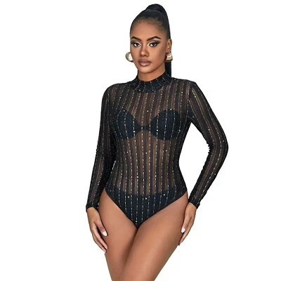 Womens Sexy Sheer Mesh Lingerie Bodysuit Long Sleeve Clubwear See Through Top - Image 1 of 4