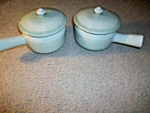 2 Thai Celadon Pottery Jade Green Soup Bowls with Handles and Lids 5" Diameter - Picture 1 of 5