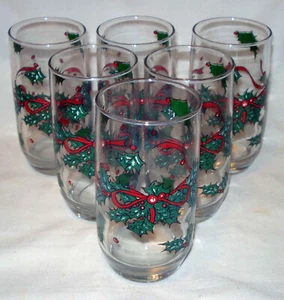 1990 AHC Ancoraggio Hocking Vetro Natale Agrifoglio Bacche Nastro 5" Rolly Bicchieri - Foto 1 di 4