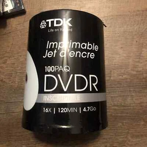 TDK 100PK DVDR Spindle Inkjet Printable 16x 120Min 4.7 GB - New - Afbeelding 1 van 1