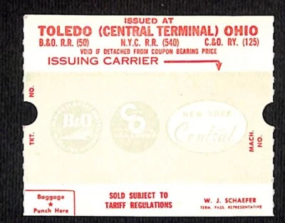 Toledo Central Terminal B&O N.Y.C. C&O Railroad Blank Ticket c1965 - Image 1 of 2
