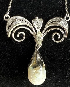 Floating Opal Sterling Silver Necklace Art Deco Charm Chain Vintage 925 Jewelry - Picture 1 of 15