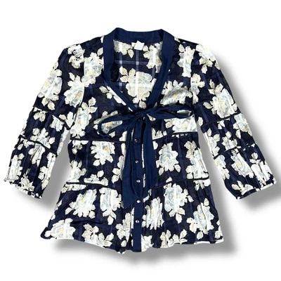 Blusa Floral De Colección Odille Anthropologie Corbata Transparente Manga 3/4 Azul Marino Talla 4 Foto 1 de 4