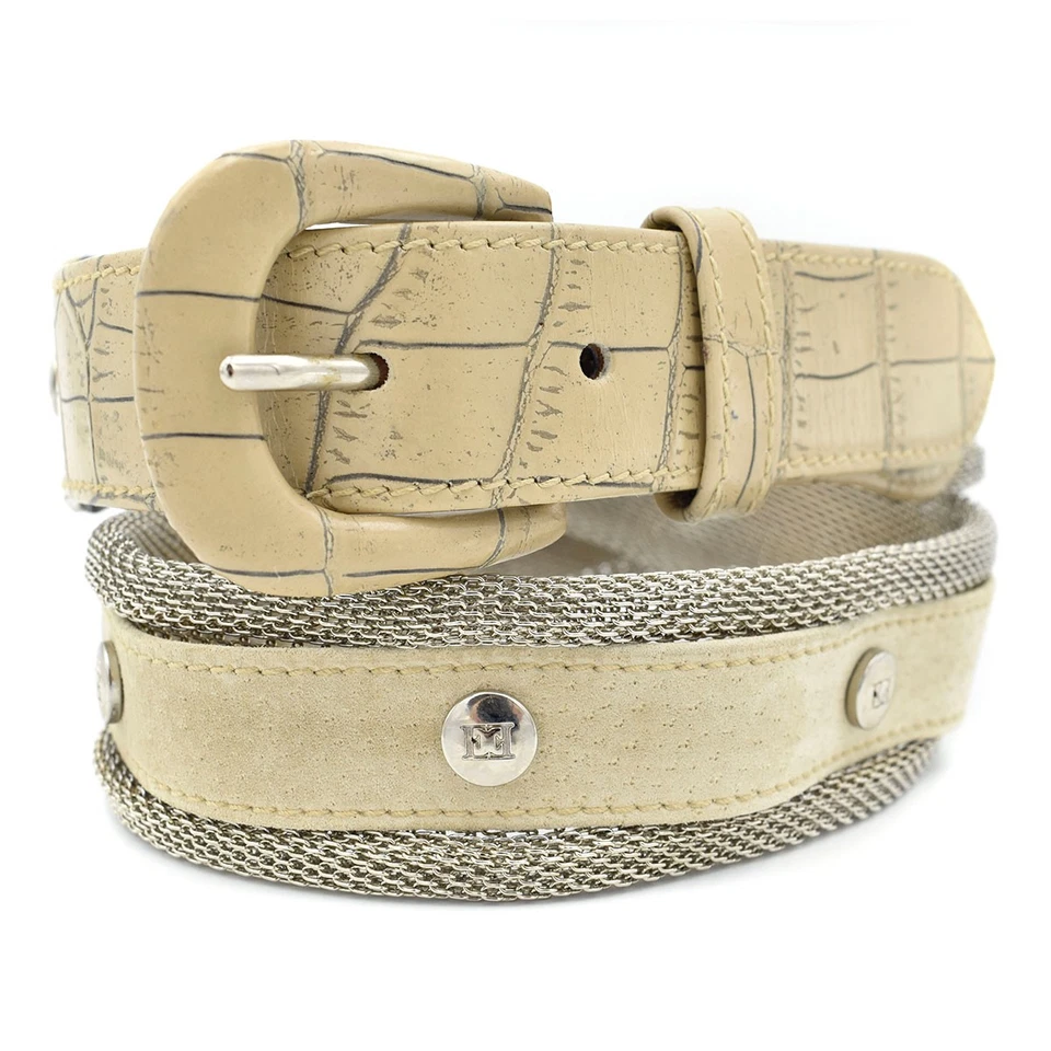 Cinturón Escada Sand Tan Gamuza/Malla de Metal Plateado/Cocodrilo Cuero Repujado Talla 42/12 EE. UU. Foto 1 de 4