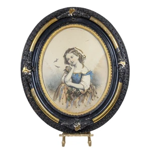 Antik Schwarz Gold 1800er Viktorianisch Holz & Gesso Rahmen Chromolithographie Portrait - Bild 1 von 17