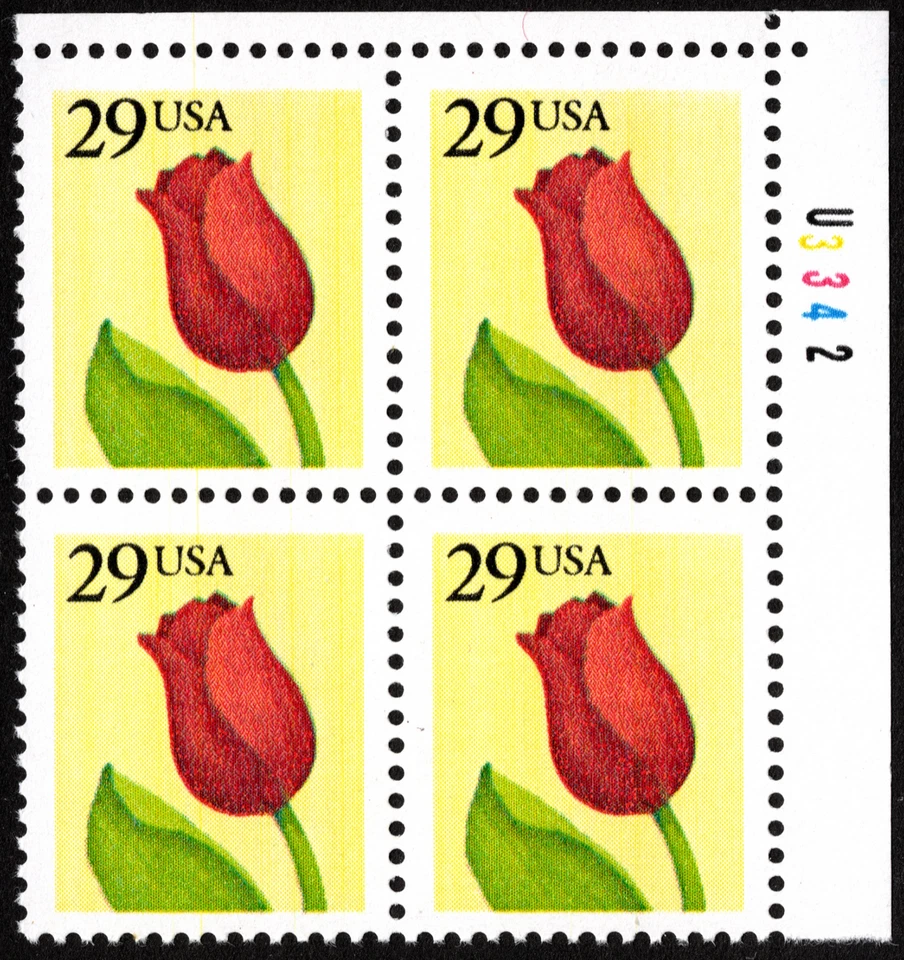 US Stamp Scott # 2524A Plate Block NH - 29 Cents Tulip Issue Perf 13 x 12 3/4 - Image 1 of 1