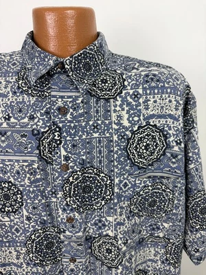 Vintage 90s Paisley Shirt Men Large Linen Cotton Geometric Blue Roundtree Yorke - Image 1 of 4
