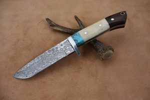10" HANDMADE DAMASCUS STEEL SKINNER KNIFE WITH BONE HANDLE W/SHEATH - Picture 1 of 5