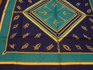 Vintage Scarf: aprox. 30 X 30", BLUE AND GREEN BOAT MOTIF, polyester, ITALY - Picture 1 of 3