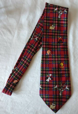 Vintage 1993 Looney Tunes Mania Bugs Daffy Tweety Taz Sylvester Plaid Neck Tie - Image 1 of 3