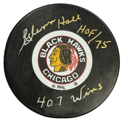 Disco de hockey autografiado por Glenn Hall de los Chicago Blackhawks con HOF 75 y 407 victorias Foto 1 de 3