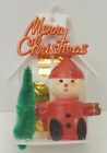 Vintage Merry Christmas Santa Claus House And Bottle Brush Tree Ornament 3.25" H