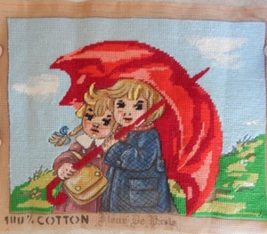 Started/Unfinished Needlepoint Piece Fleur de Paris Hand Painted Kids in Rain - Picture 1 of 5