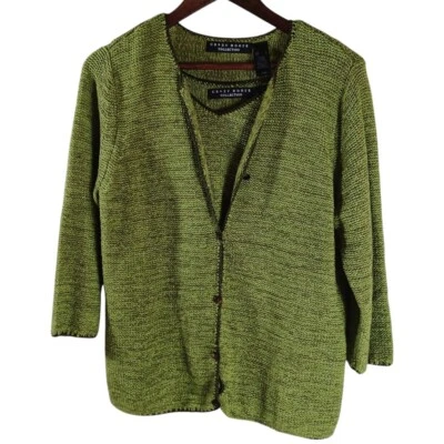 Crazy Horse Collection 2pc Cardigan & Tank Sweater Women M-L Green Knit Stretch - Image 1 of 4