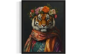 Siberian Tiger Animal With Flower Bathroom Art Print Poster Wall Art Painting - Picture 1 of 7