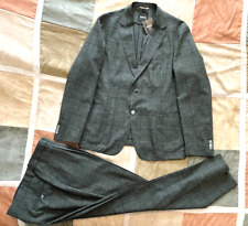 Hugo Boss hanry olive windowpane plaid check wool linen suit slim fit 46 R  NEW