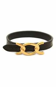 Saint Laurent Croc Embossed Black Leather Chain Bracelet 640736