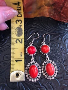 Red Simulated Coral Sun Flower Dangle Earrings 2" Artisan Southwest - Picture 1 of 3