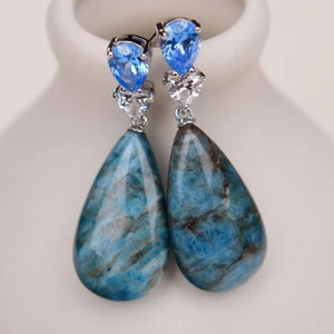 Natural Blue Apatite Teardrop Stone Crystal Paved Stud Dangle Earrings - Picture 1 of 7