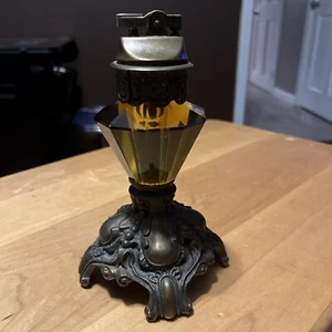 Ornate Table Top Lighter Gorgeous Metal Base With Amber Glass With Lighter On To - Picture 1 of 4